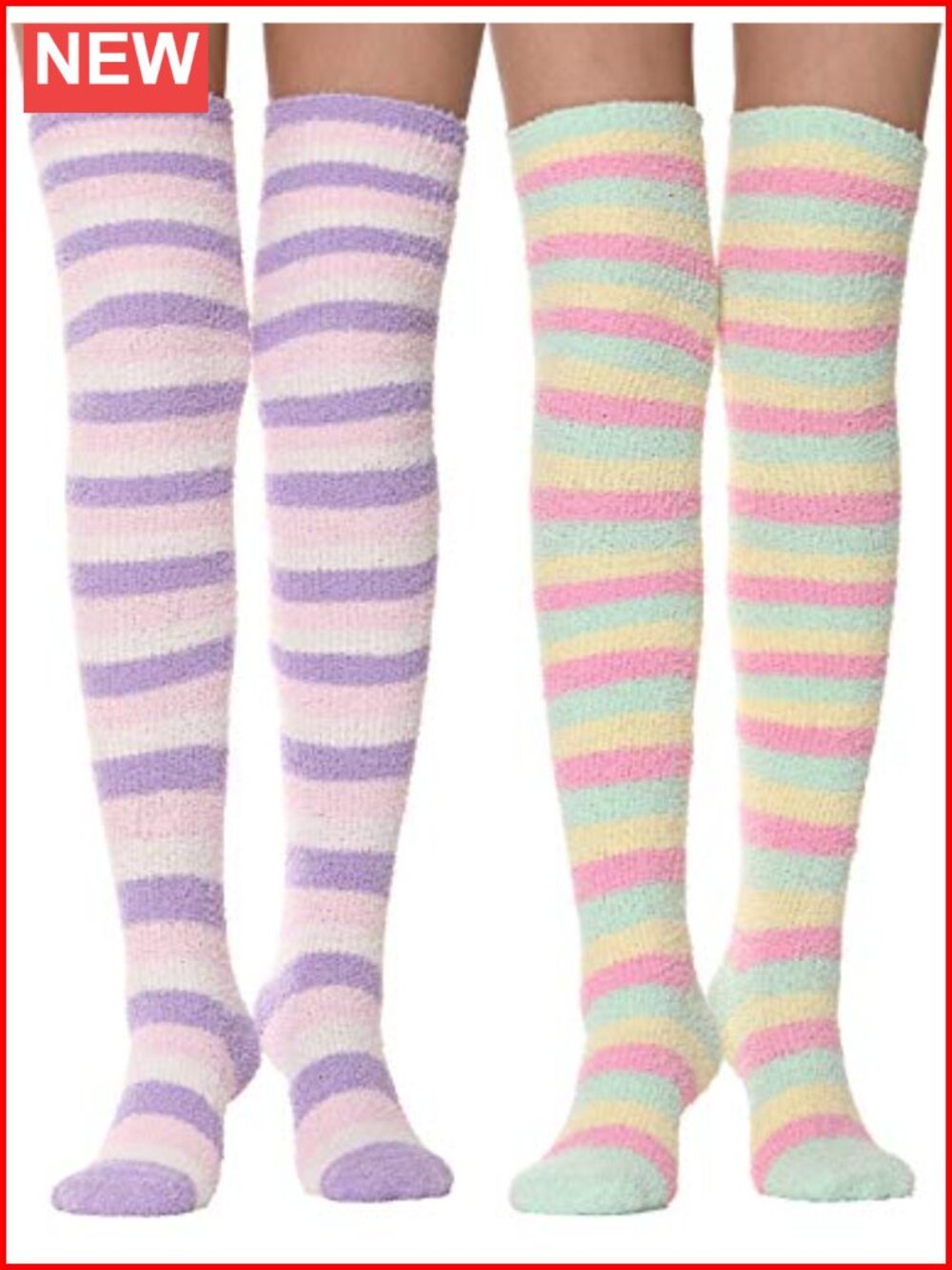 Fuzzy Thigh High Socks Striped Over Knee Microfiber Coral Velvet